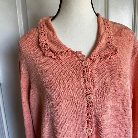 Chadwick's  coral colored knit cardigan with delicate crotchet-style trim - Picture 3 of 7